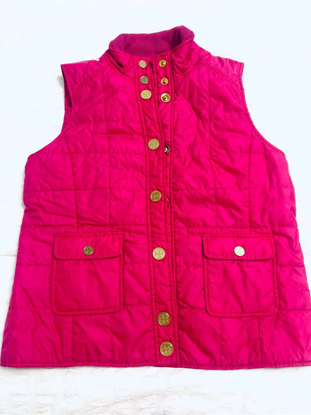 Tory Burch Girls' Bright Fuchsia Quilted Vest with Gold Buttons